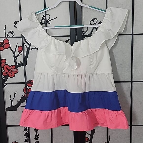 Lilly Pulitzer Emie Ruffle Top Sz 8 Color: Resort White, Borealis Blue, NWT - Picture 3 of 10